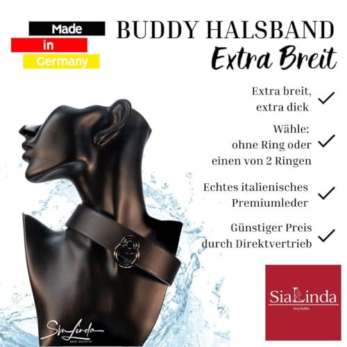 SiaLinda: Halsband Buddy schwarz 30mm Rindersoftleder, 2 Längen, pur oder mit O-Ring Lange Länge (+8€) / Großer Ring Edelstahl (+8€)