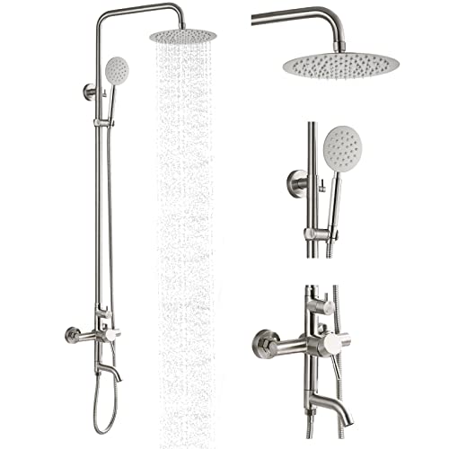 gotonovo Kit de Ducha Exterior SUS304 con Cabezal de 8’’ y Ducha Manual en Níquel Cepillado | Accesorios de Ducha Exterior con Pulverizador Manual, Tubo Giratorio, Altura Ajustable, Montaje en Pared para Piscina y Patio miniatura 1