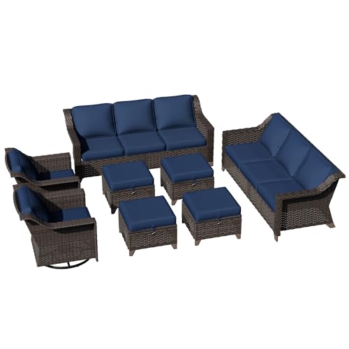 Image of 9 Piece Patio Furniture Set, Wicker Outdoor Conversation Set | Patio Chair Set with Olefin Removable Cushion, All-Weather Outdoor Couch with Deep Seat for Porch, Deck and Backyard, Blue