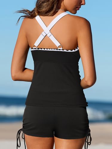 Image of Summer Mae Tankini Swimsuits for Women 2026 Bathing Suits Top Ruched Two Piece Tummy Control V-Wire Modest Swim Suits | Modest Bathing Suit, Flattering Swim Suit, Swimsuit with Adjustable Strap, Tankini with Shorts, Boy Shorts with Sporty Pocket