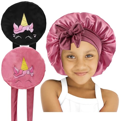 Kids Satin & Silk Hair Bonnet - Cute Pattern, Soft, Elastic Wide Band (Pink & Black)