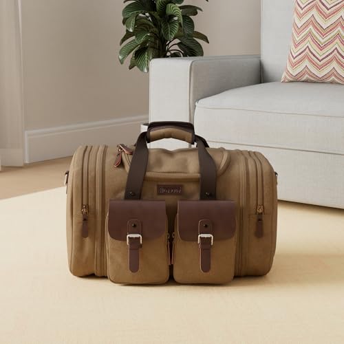 Image of Wildroad 60L Travel Duffel Bag, Expandable Canvas Genuine Leather Duffle Bag Upgraded Overnight Weekender Bag Carry on Bag (Coffee, X Large-60L)