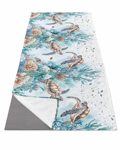 BOSIJOY Yoga Mat Towel,Ocean Coral Sea Turtle Seaweed Non Slip Sweat Absorbent Hot Yoga Towels with Corner Pockets,Marine Underwater World Soft Microfiber Towel for Pilates Bikram 74