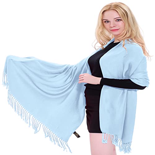 CJ Apparel Light Blue Baby Blue Solid Color Tassels Design Nepalese Shawl Seconds Scarf Wrap Stole Throw Head Wrap Pashmina Hand Made in Nepal New2