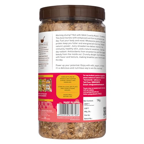 Image of Gaia Crunchy Muesli- Strawberry. Power-packed low calorie healthy breakfast, High Fiber,Source of Iron,No Trans Fat,No Cholesterol,Nutritious breakfast choice | 1 Kg