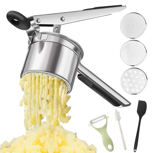 Potato Ricer, Heavy Duty Stainless Steel Potato Masher and Ricer for Mashed Potatoes, Kitchen Gadget for Mashed Potatoes with 3 Interchangeable Discs