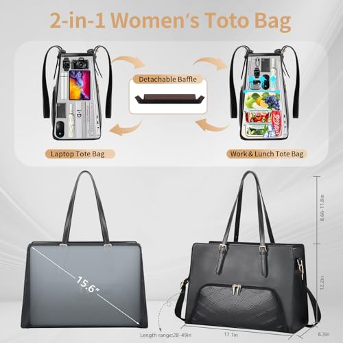 BERTASCHE Laptop Tote Bag with Insulated Lunch Compartment, 15.6 Inch PU Leather Work Bag Computer Briefcase for Women, Waterproof Laptop Shoulder Handbag for Business,Office,Work, Black3