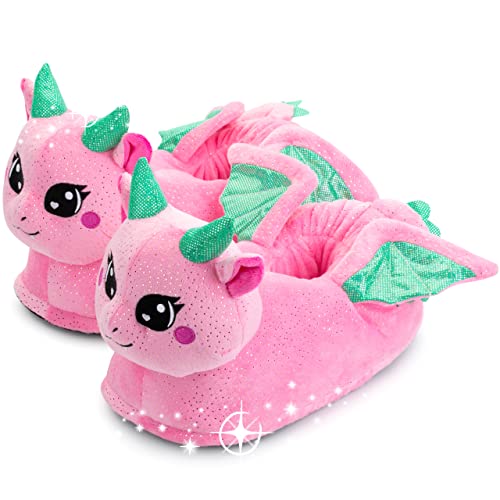 corimori Glimmer der Drache, glitzernde Tier-Hausschuhe für Erwachsene, lustige Tier-Pantoffeln für Frauen, Damen Hausschlappen, EU Einheitsgröße 34-44, rosa-grün