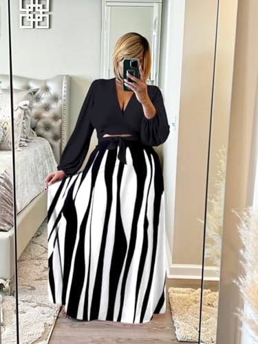 Image of Plus Size Women's 2 Piece Outfits Casual Long Sleeve Wrap Crop Top Maxi Long Dress Flowy Matching Sets