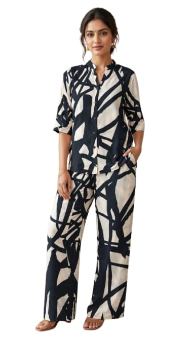 urban rebel Women's Abstract Print Co-ord Set, Black and White, Button-Up Shirt with Wide-Leg Trousers-picture-31