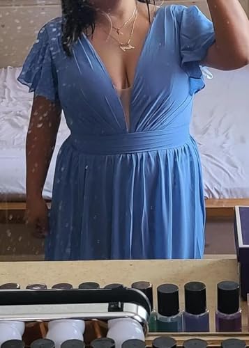 Image of Deep V Neck Chiffon Bridesmaid Dresses Ruffle Formal Dress with Sleeves Pleated High Low Evening Gowns for Women