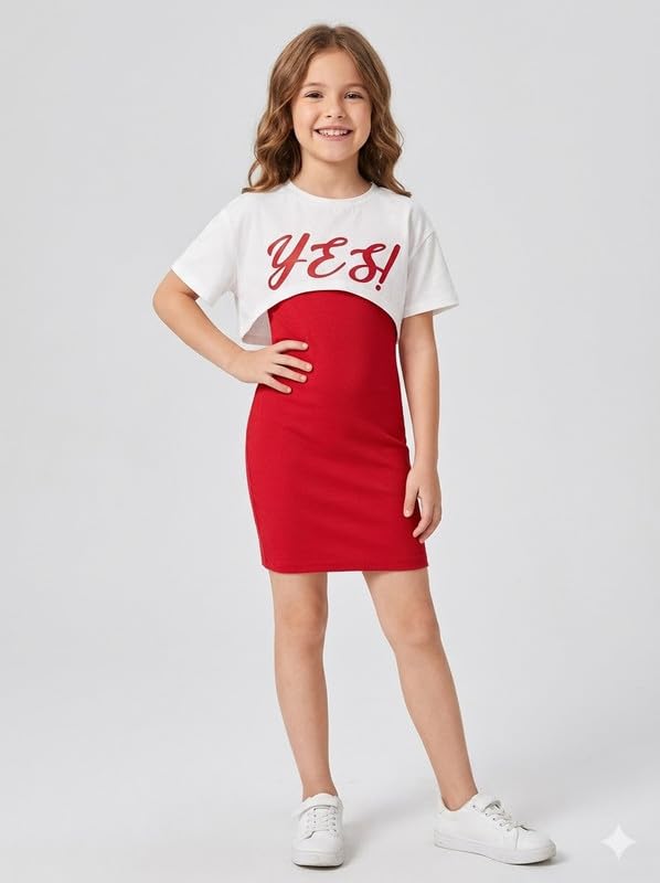 Image of Kids Cami Bodycon Dress | Short Dress for Baby Girls | Girl's Polyester Sleeveless Cami Bodycon Dress with Half Sleeves Crop Top
