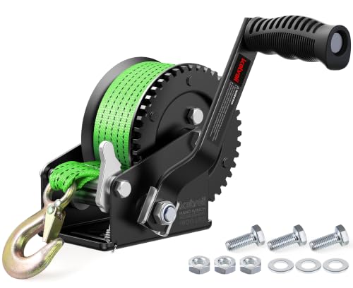 Image of Kolvoii 1600 lbs Boat Trailer Winch with Strap, Portable Hand Winch, 2-Way Ratchet 4.1:1 Gear Ratio for Boat, Trailer, Marine and Jet Ski, 26FT Strap, Green