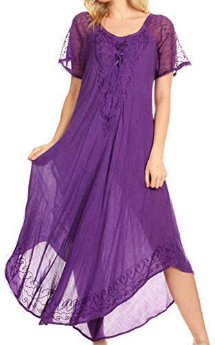 Image of Sakkas Egan Long Embroidered Caftan Dress /Cover Up with Embroidered Cap Sleeves