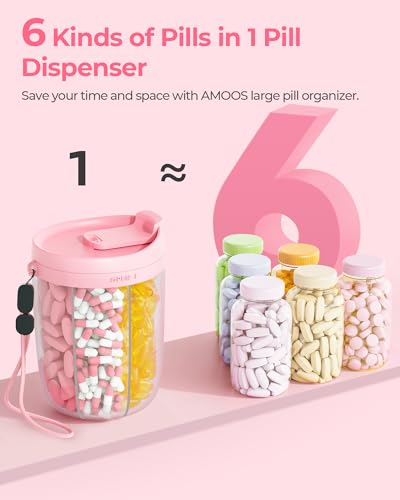 Image of AMOOS Large Pill Dispenser with 6 Compartments, Anti-Mix Pill Bottle Organizer with Wide Opening & Easy Retrieval, Vitamin Organizer for Travel, BPA-Free Pill Box with a Strap, Pink