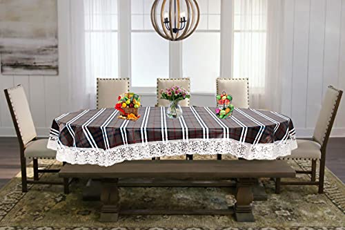 Image of The Furnishing Tree Waterproof PVC Oval Shaped 12 Seater Table Cover WxL 60x140 inches Checkered Pattern Black White with White Border lace