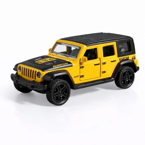 Image of 1:36 Scale Rubicon Car Model - Die-Cast Metal Pull Back SUV with Openable Doors, Lights & Music - Alloy Off-Road Toy Vehicle for Kids, Boys & Collectors (Yellow)