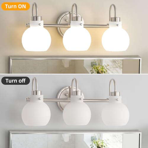Image of Bathroom Light Fixtures Brushed Nickel 3 Light Vanity Light Wall Sconces with Milk Globe Glass Shades Bath Wall Lamp over Mirror Farmhouse Wall Mount Lights for Kitchen Living Room Bedroom Hallway