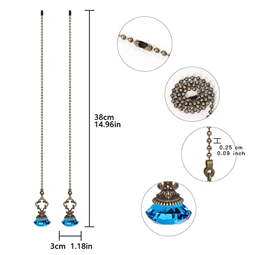 Image of 2pcs Light Blue Crystal Fan Pull Diamond Drop Vintage Pull Chain Ceiling Pull Chain Extender with Connector