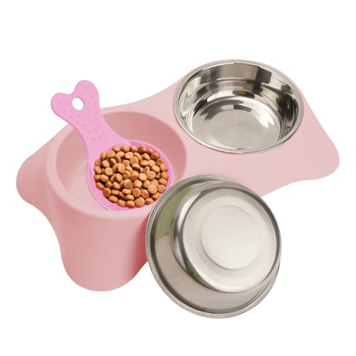 QUMENEY Cuenco doble para perros de acero inoxidable, juego de cuencos dobles con 1 cuchara de comida para mascotas, antideslizante, extraíble, comedero para perros, alimentación de agua (rosa)