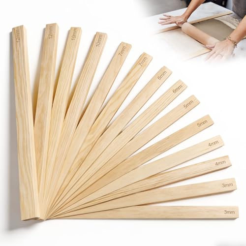 Lot de 14 Outils Bois Four Poterie Guides pour Rouleau Patisserie 3/5/7/10/12 mm Outils Poterie pour Modelage l'argile Façonner Projets DIY Terre Cuite avec...