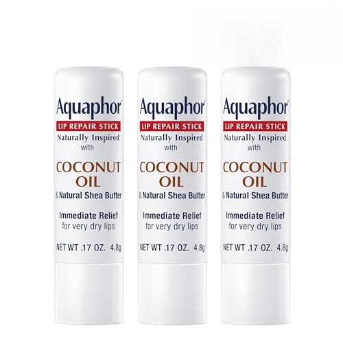 Aquaphor Naturally Inspired Lip Repair Stick with Coconut Oil and Natural Shea Butter, Hydrating Lip Balm Immediately Relieves Dryness and Soothes Chapped Lips, 0.17 Oz Stick, Pack of 3
