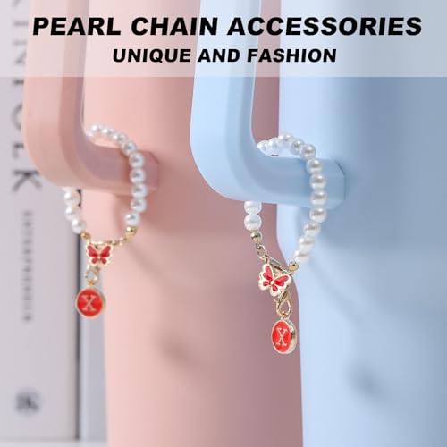 Image of Accessories for Stanley Cup Pearl Chain Initial Accessoriess for Handle Stuff Decor Water Bottle Jewelry Tumbler Cute Simple Modern Personalized Name ID Decorations Letter Red Tag V