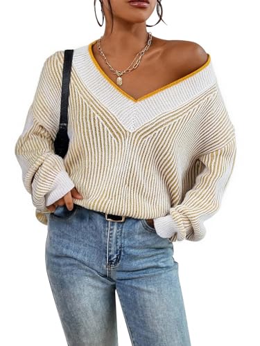 Image of Cakulo Womens Fall 2025 Oversized Striped V Neck Sweaters Long Sleeve Knit Color Block Trendy Pullover Sweater Top