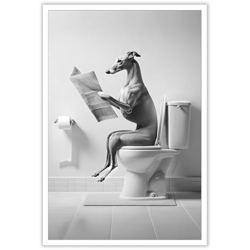 ADRHGCY Canvas Funny Greyhound Posters Petshop Wall Art Animal In Toilet Dog Sitting On Toilet And...