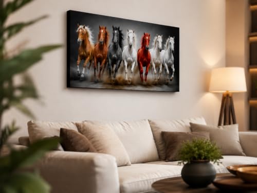 Image of 7 Horse Vastu Sunrise Canvas Painting | Positive Energy Wall Decor | Big Size Premium Running Horses Artwork for Home, Office & Hall Decoration (Modern, Sand Horse, 26x18 Inch)