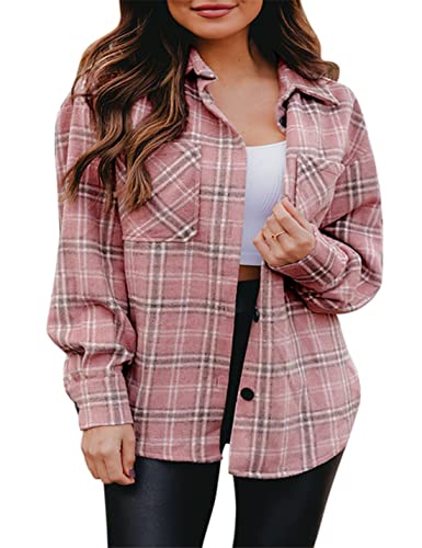 Zontroldy Womens Casual Plaid Shirts Color Block Button Down Long Sleeve Wool Blend Shirt Jacket Shackets Coats