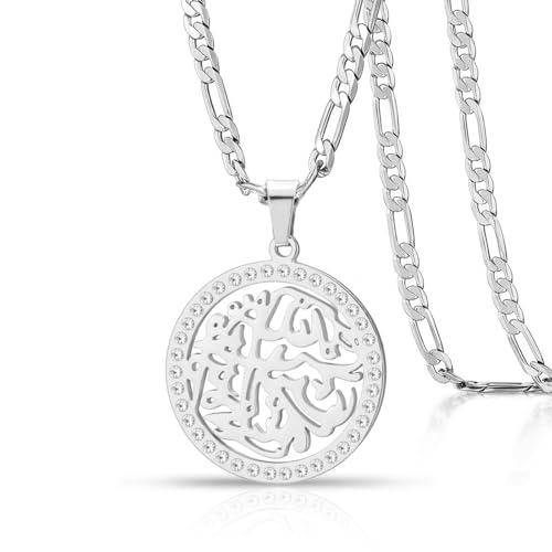 VASSAGO Collier islamique musulman en acier inoxydable Coran Ayatul Kursi Collier Allah Calligraphie arabe Pendentif Ramadan Aïd Bijoux Cadeaux (argent)