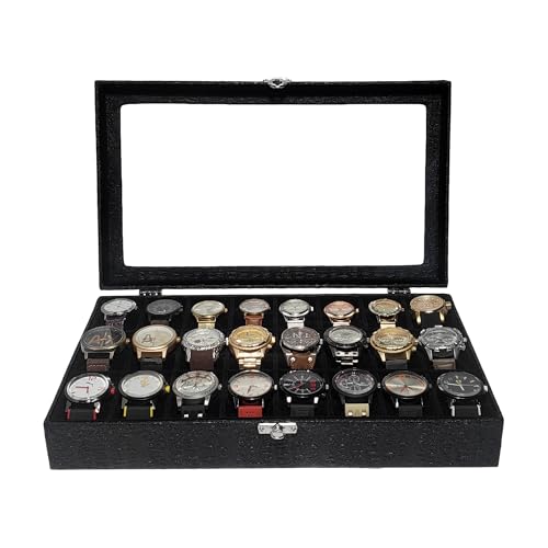 Estojo Para 24 Relógios Com Vidro Preto Com Interno Aveludado Caixa Maleta Porta Relógios
