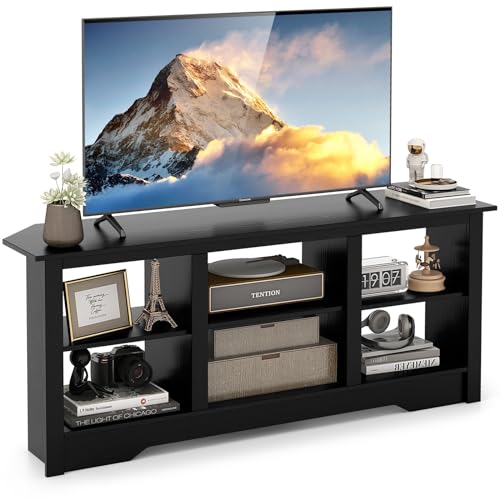 Tangkula Farmhouse TV Stand for TVs up to 65 Inch, Media Entertainment Center w/6 Storage Shelves for Living Room, TV Console Table w/Removable Shelf for 18 inch Fireplace(Not Included) (Black, 58