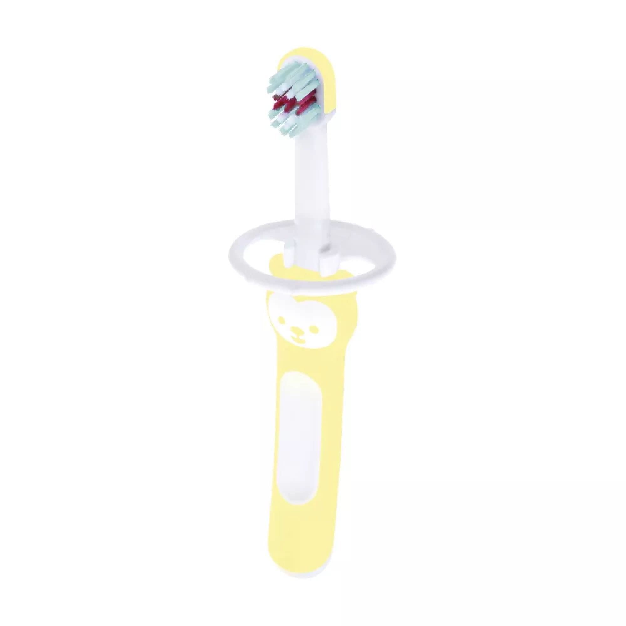 MAM, Il mio primo spazzolino da denti per bambini, facile da tenere in mano, per imparare a lavare i denti da solo, con scudo di protezione, a partire dai 6 mesi, colori casuali