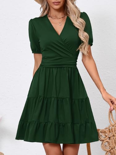 Image of Women's Casual Summer Dress V Neck Short Sleeve Flowy Stretchy Comfort Fit for Daily Wear Work Midi Dresses