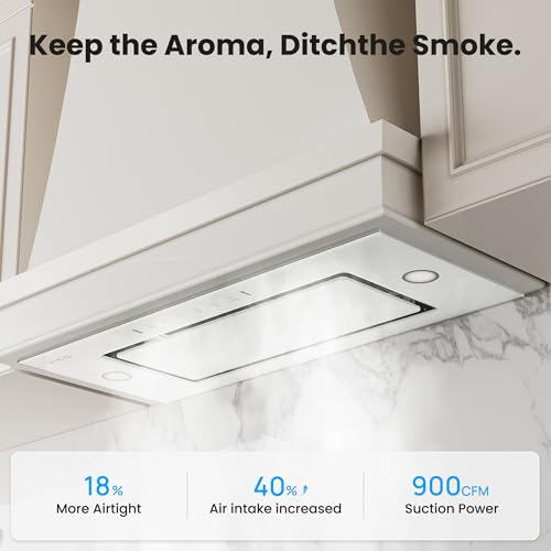 VIKIO HOME Range Hood Insert 36 inch, 900 CFM Ducted/Ductless Convertible, Stainless Steel & Tempered Glass White 36 inch Built-in Range Hood, With 3-Speed Fan and Gesture Sensing &Touch Control