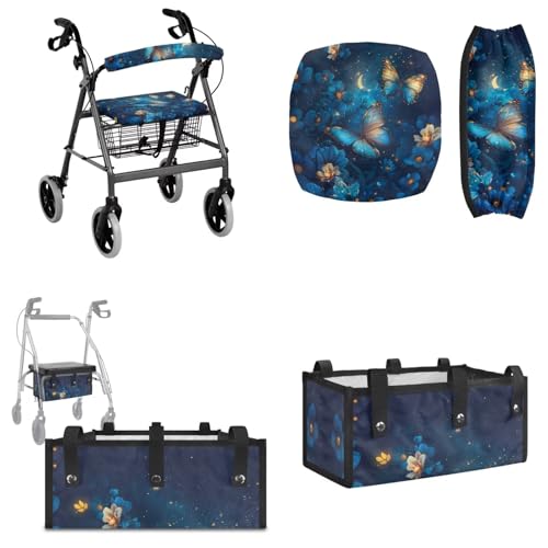 Maiyoinou Butterfly Night Walker Seat Cover Rollator Seat and Back Rest Covers Lightweight Rollator Walker Storage Bag Seniors Attachment Pouch for Walkers (3 Pieces)