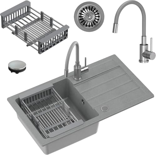 myQ Spülbecken Granitspüle Küche | Größe: 77 x 44 x 17,5 cm, Farbe: Beige | SEUL 11 Küchenspüle Einbeckenspüle Set: Granitspüle + Missouri-Küchenarmatur + Korb | Schrank ab 50 cm myQ Spülbecken Granitspüle Küche | Größe: 77 x 44 x 17,5 cm, Farbe: Beige | SEUL 11 Küchenspüle Einbeckenspüle Set: Granitspüle + Missouri-Küchenarmatur + Korb | Schrank ab 50 cm