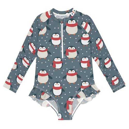 Cute Penguin and Snow Girls Long Sleeve Swimsuit Rash Guard One Piece Bathing Suits Zipper 3-12T