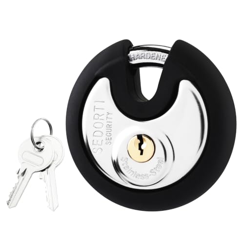 Image of SEDORTI 12-Pack Covered Keyed Alike Stainless Steel Disc Padlocks | For Storage Unit Gate Outdoor Locker Shed Fence, Round Lock with Rubber Bumper, Weather-resistant Storage Lock with Brass Key