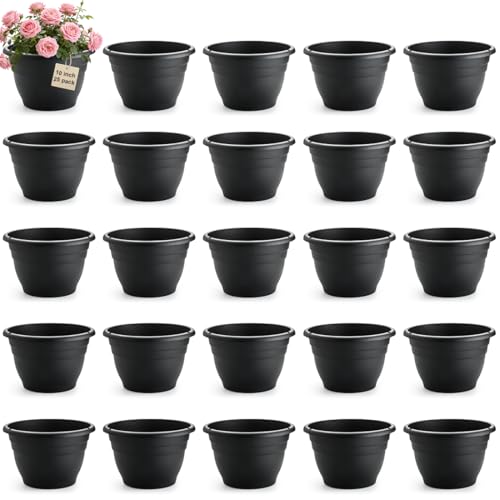 Image of RooTrimmer 25 Pack 10 Inch Plant Pots with Drainage Holes,Black Plastic Flower Pots for Indoor & Outdoor Plants,Durable Lightweight Planters for Flowers,Herbs & Gardening