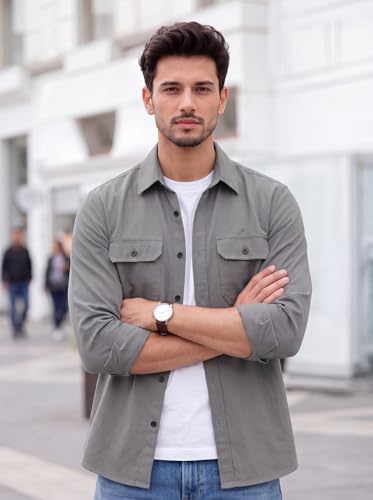 Image of Amazon Brand - INKAST Men's Cotton Blend Button Down Shirt | Long Sleeve Casual Lightweight Breathable Collared Shirts | Soft Comfortable Everyday Wear |Two Flap Chest Pockets |Using like Jacket Shirt