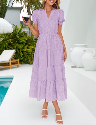 ZESICA Womens 2025 Summer Puff Short Sleeve Midi Dress Floral V Neck Textured Ruffle Flowy Beach Party Dresses3