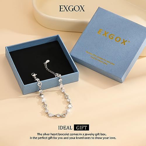 EXGOX Sterling Silver Bracelet for Women Dainty 925 Silver Heart Bracelet Shiny Crystal Diamond Adjustable Love Heart Bracelet for Women Girls - Image 7