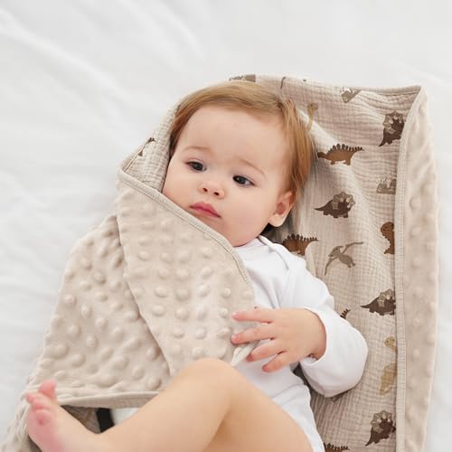 Image of Susurration Baby Blanket for Unisex Boys Girls, Soft Nursery Minky Blanket with Muslin Cotton Front and Dotted Fleece Back, Receiving Blanket for Baby Newborn Infant, 30x40inch (Dinosaur)
