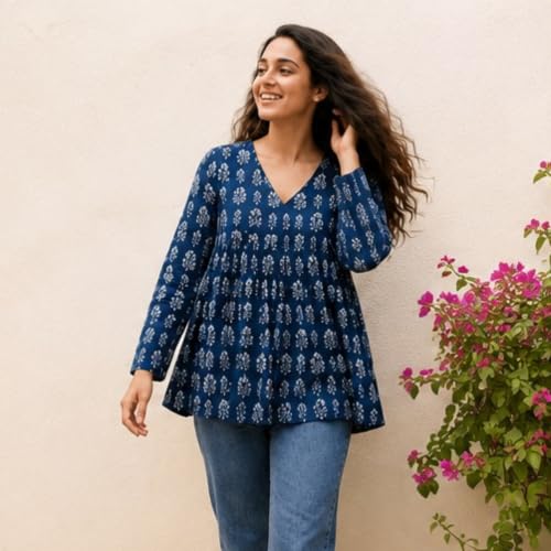 Image of Women's Printed V-Neck Short Kurti | Casual Long Sleeve Tunic Top