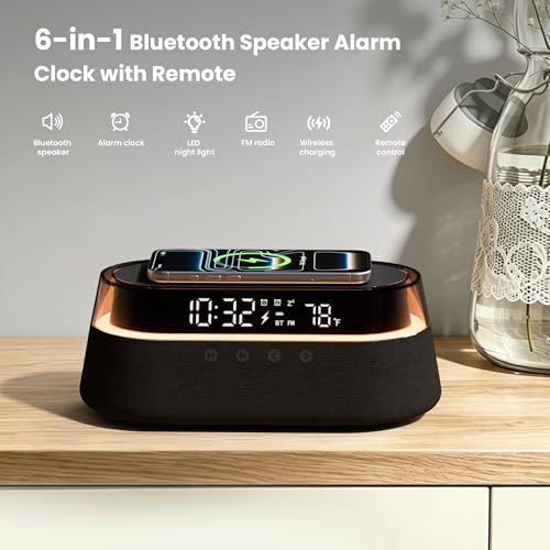 Image of 6-in-1 Bluetooth Speaker Alarm Clock with Remote, FM Radio & Dimmable LED Night Light, 15W Fast Wireless Charger, Dual Digital Clock for Bedroom Home Office, Ideal Gifts for Him, Men Women