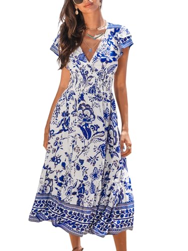 CUPSHE Women's Summer Dress Casual V Neck Floral Smocked Cap Sleeve Ruffled Vacation Midi Dress