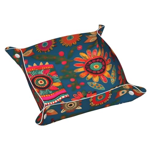 Bandeja de cuero con estampado bohemio de arte popular mexicano, organizador de almacenamiento de escritorio, bandeja decorativa, bandeja para mesita de noche